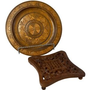 VTG 1970 Hand Carved Wooden Wall‎ Plate Bohemian Rustic Mandala Trivet Decor
